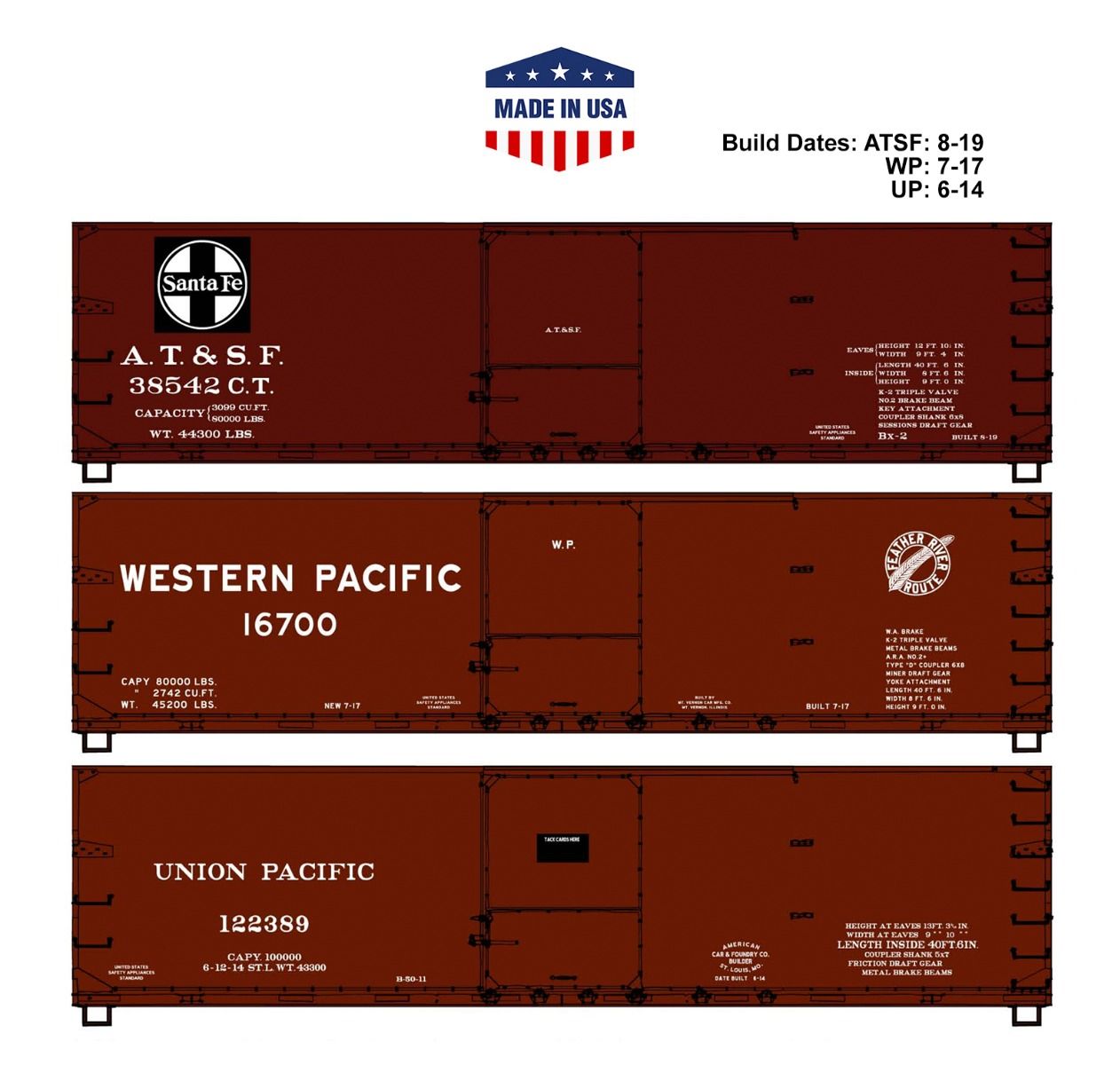 Accurail® 81783PK, HO Scale Kits, Double Sheath Wood Box Cars, 3-Pack, Western Roads, ATSF #38542, WP #16700, UP #122389