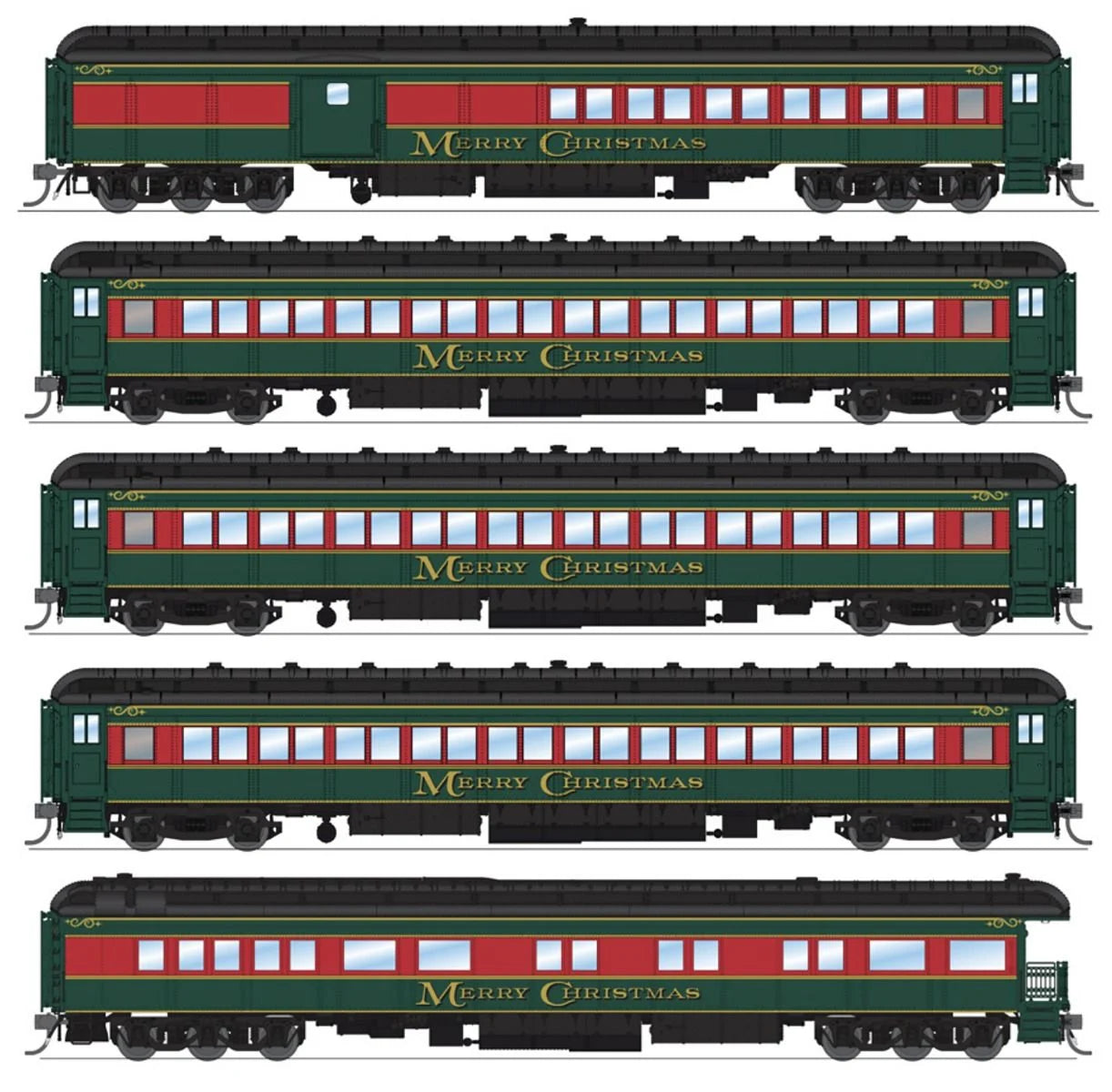 Broadway Limited Imports 9103 Heavyweight 5-Car Passenger Set, Christmas Paint Scheme, HO Scale