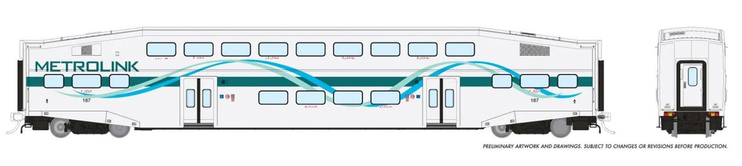 Rapido 146046, HO Scale BiLevel Commuter Car, Metrolink-White Ribbon Coach #187
