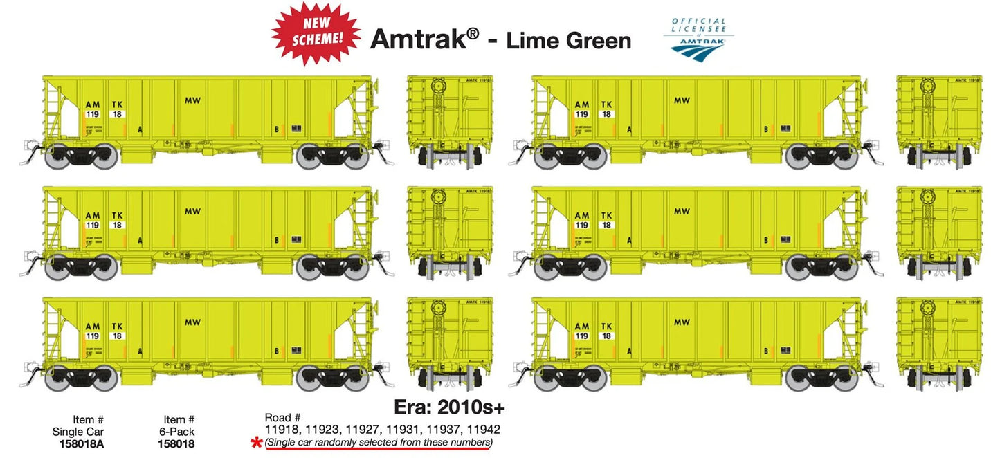 Rapido 158018, HO Scale NSC Ballast Car, Amtrak AMTK Lime Green, 6-Pack