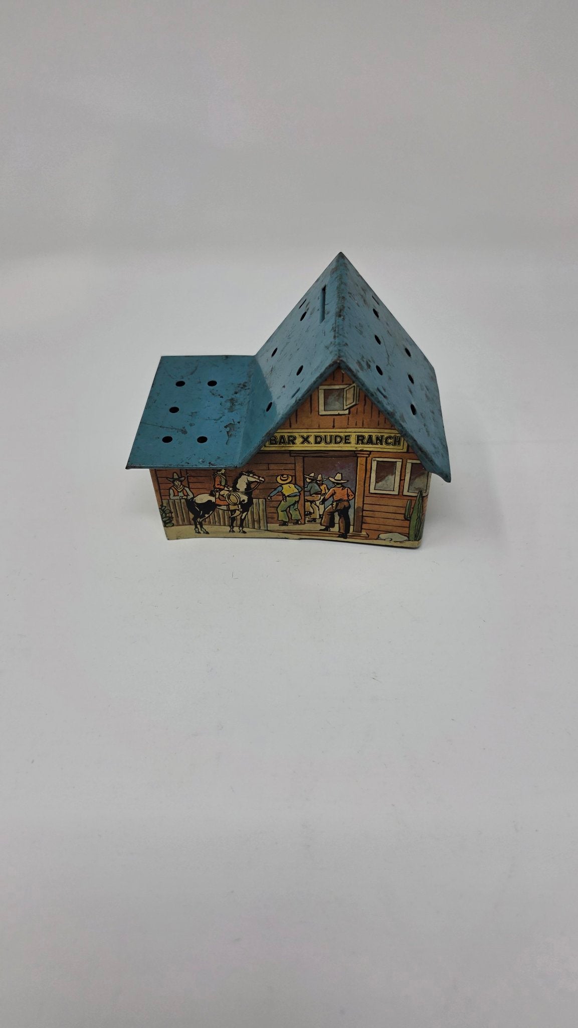Vintage Tin Litho Bar X Dude Ranch Building Bank — Used