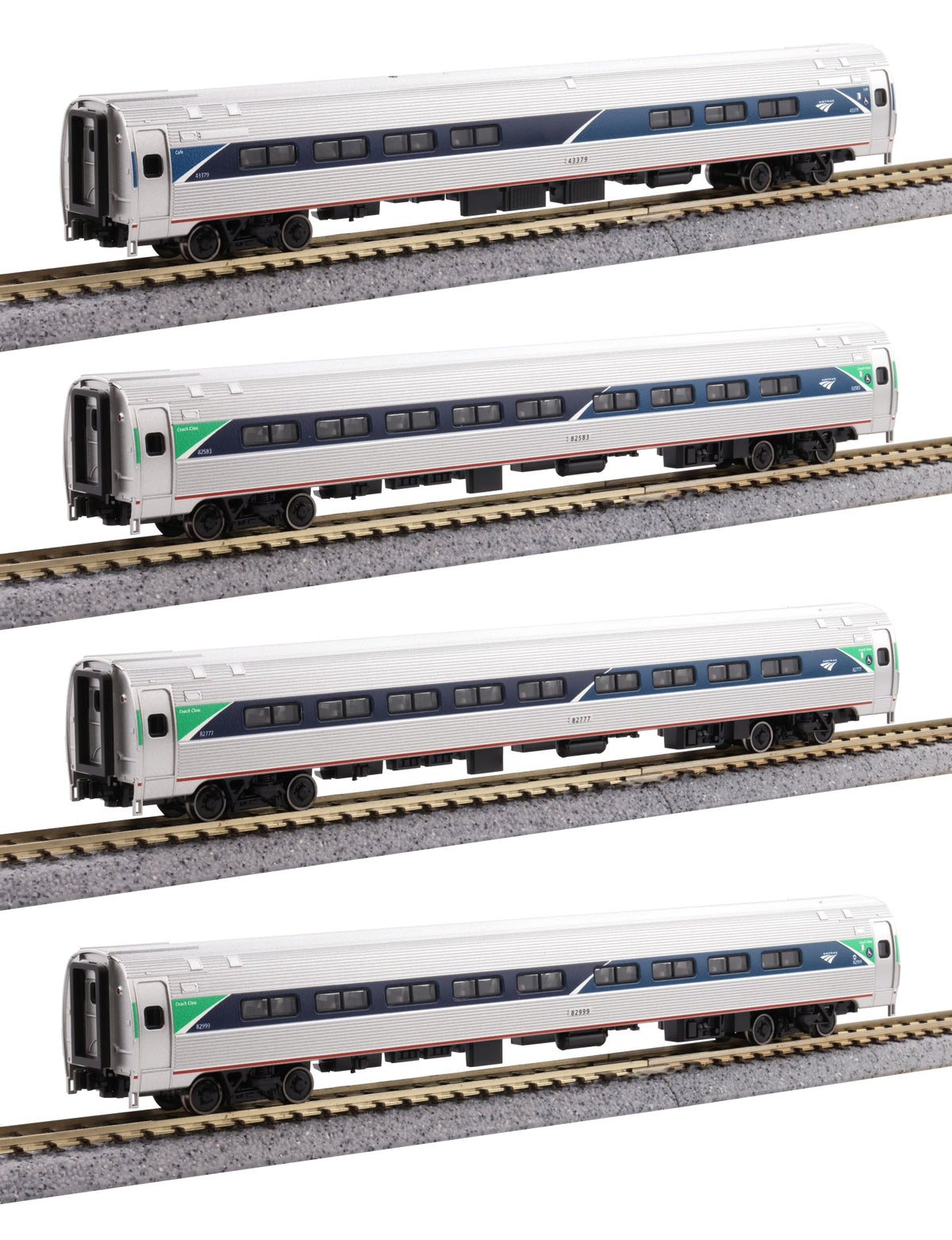 Kato 106-8021-1, N Scale Amtrak AMTK Amfleet I 4 Car Bookcase Set Phase VII w/Lighted Interiors