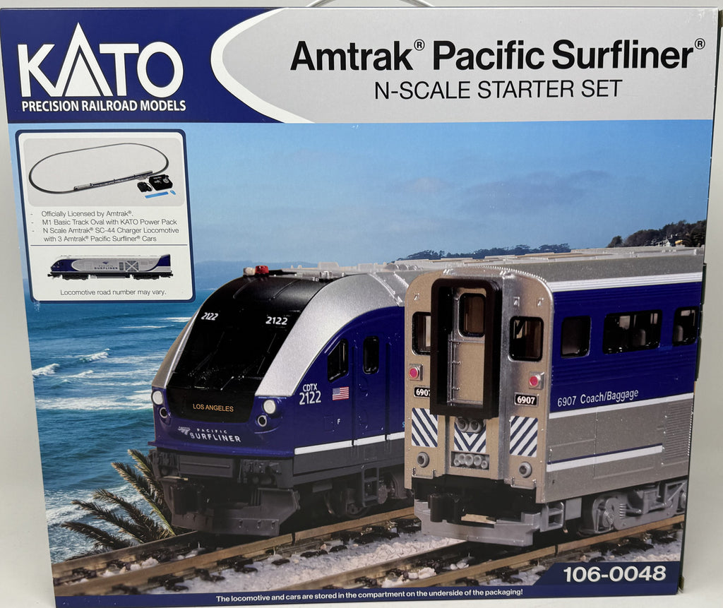 Kato 106-0048, N Scale Amtrak Pacific Surfliner Starter Set, Includes Siemens SC-44 Charger Locomotive, 3 Bi-Level Cars, Unitrack Oval & Power Pack