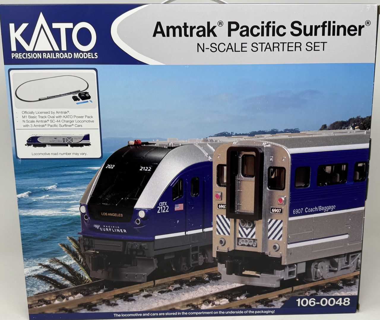 Kato 106-0048, N Scale Amtrak Pacific Surfliner Starter Set, Includes Siemens SC-44 Charger Locomotive, 3 Bi-Level Cars, Unitrack Oval & Power Pack
