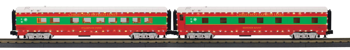 MTH 30-68307 O Christmas 2-Car 60' Streamlined Sleeper/Diner with LED Lights