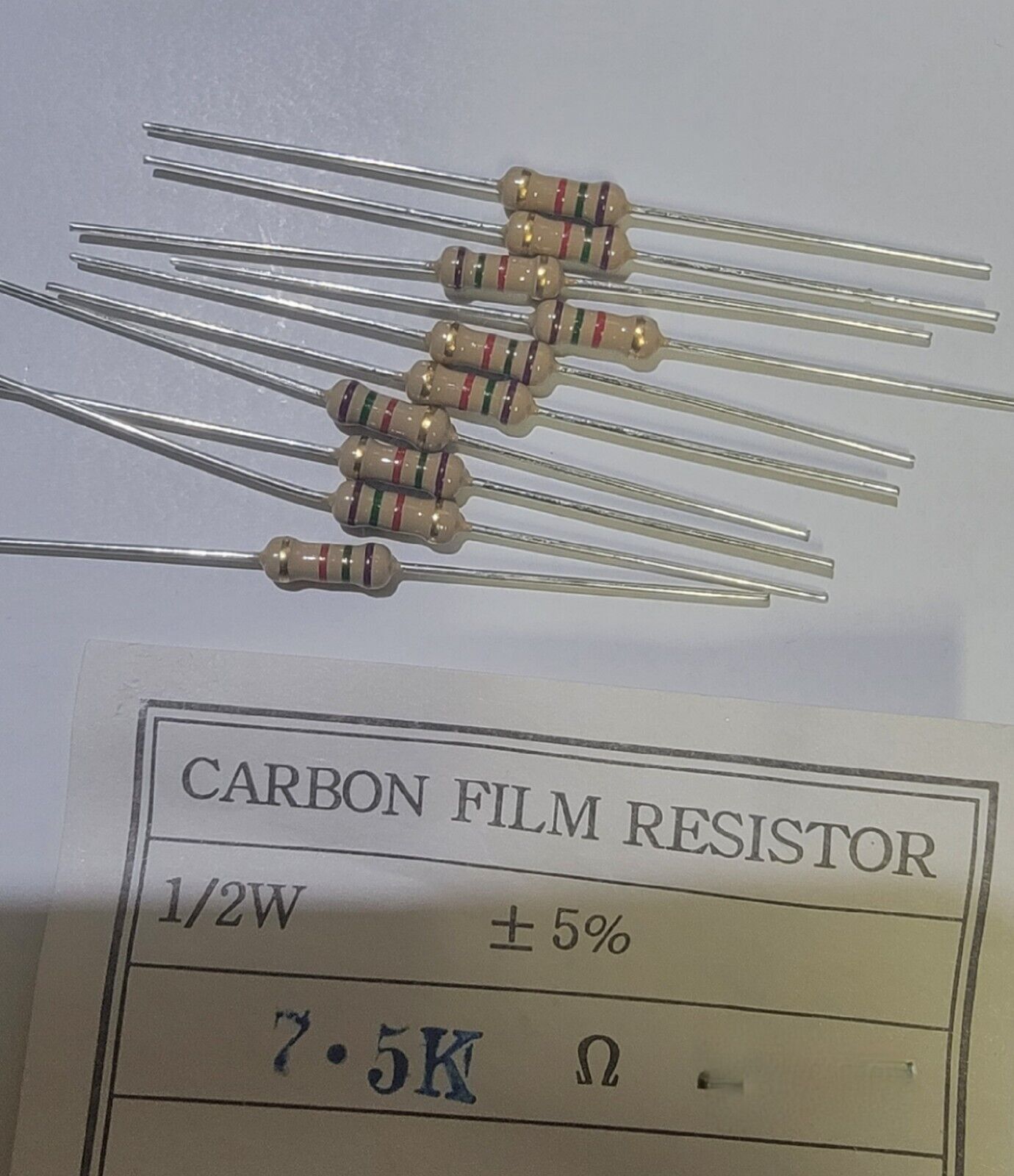 1/2w 7.5k 5% Carbon Film Resistor (Qty 10)
