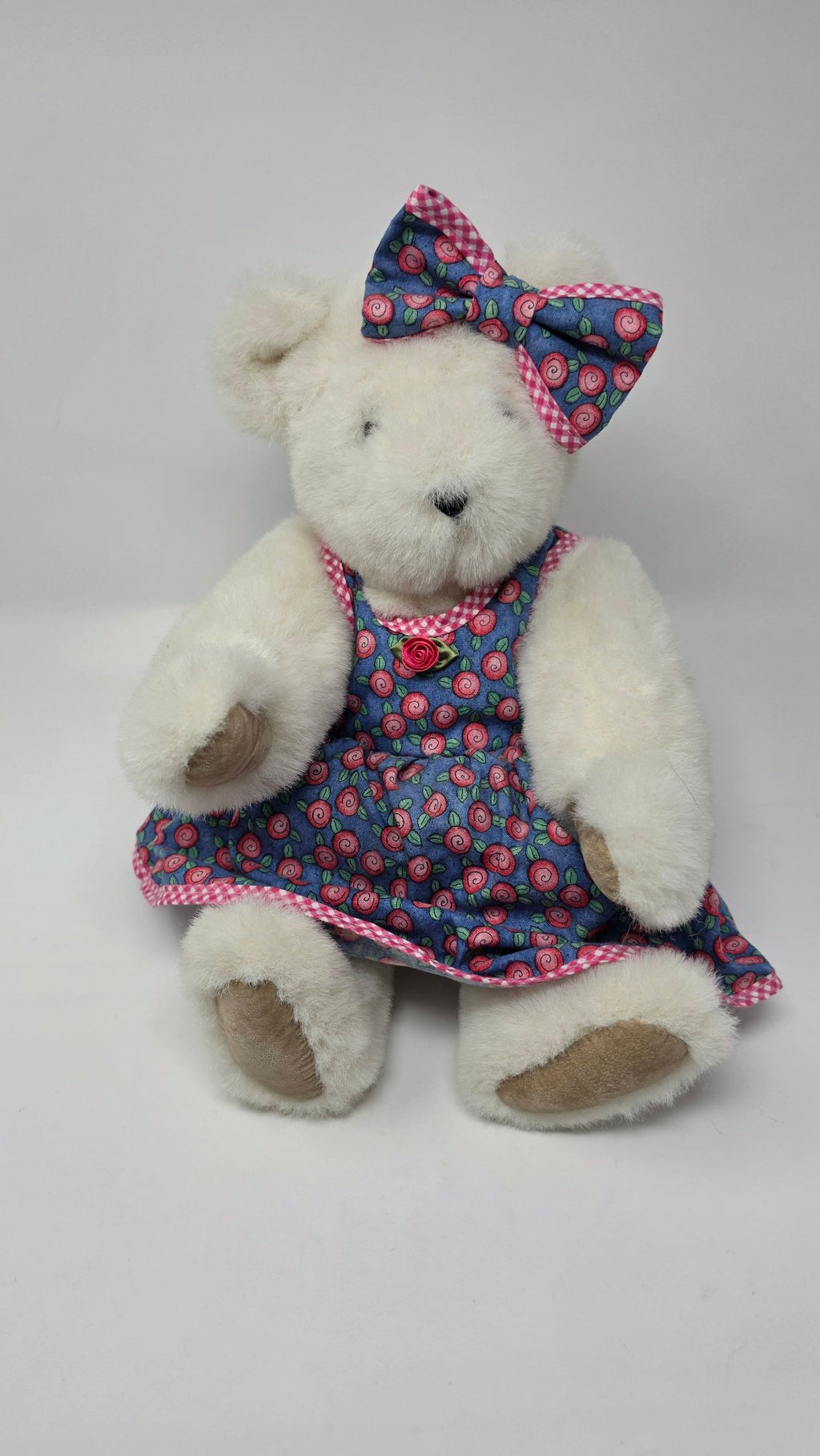 Vermont Teddy Bear — Cream Bear in Blue Floral Dress & Bow