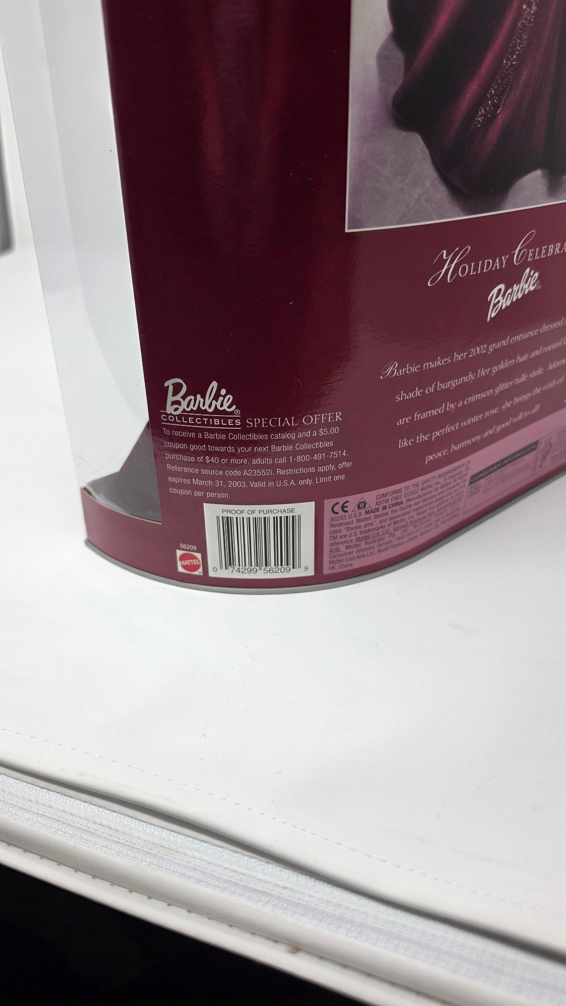 2002 Holiday Celebration Barbie box side with UPC
