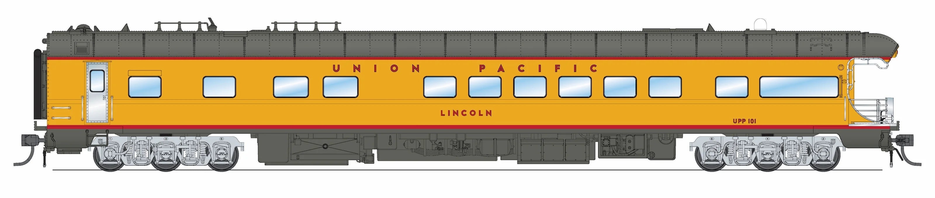 Broadway Limited 9594 - Business Car Union Pacific (UP) #101 "Lincoln", Yellow "Building America" Drumhead - HO Scale