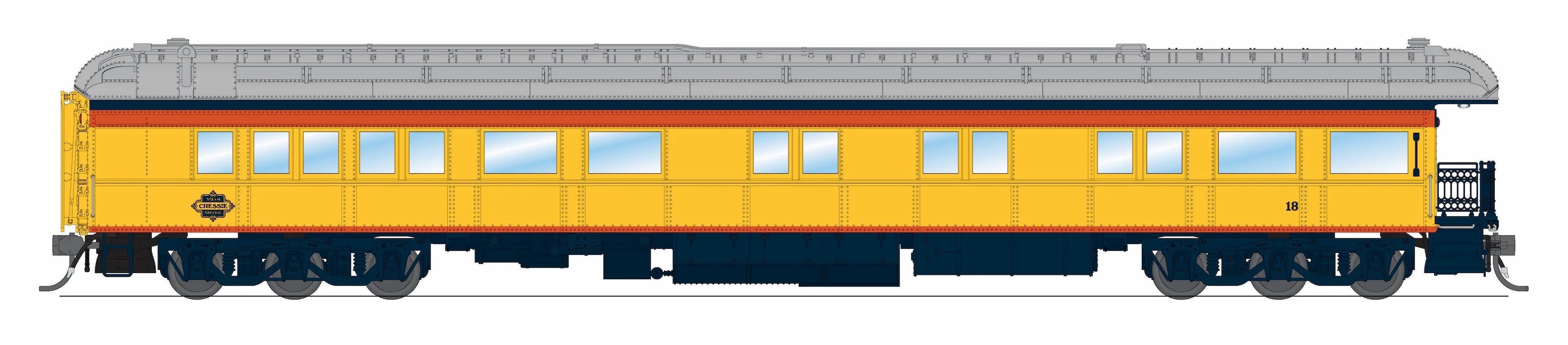 Broadway Limited 9722 Heavyweight Business Car Observation - Ready to Run -- Chessie Steam Special #18 (yellow, blue, vermillion, silver) HO Scale