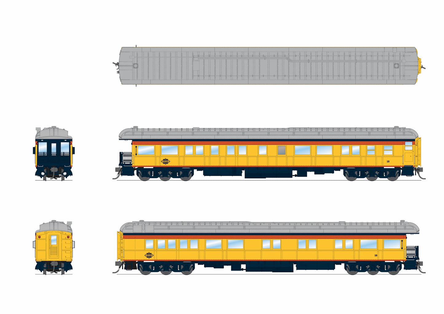 Broadway Limited 9722 Heavyweight Business Car Observation - Ready to Run -- Chessie Steam Special #18 (yellow, blue, vermillion, silver) HO Scale