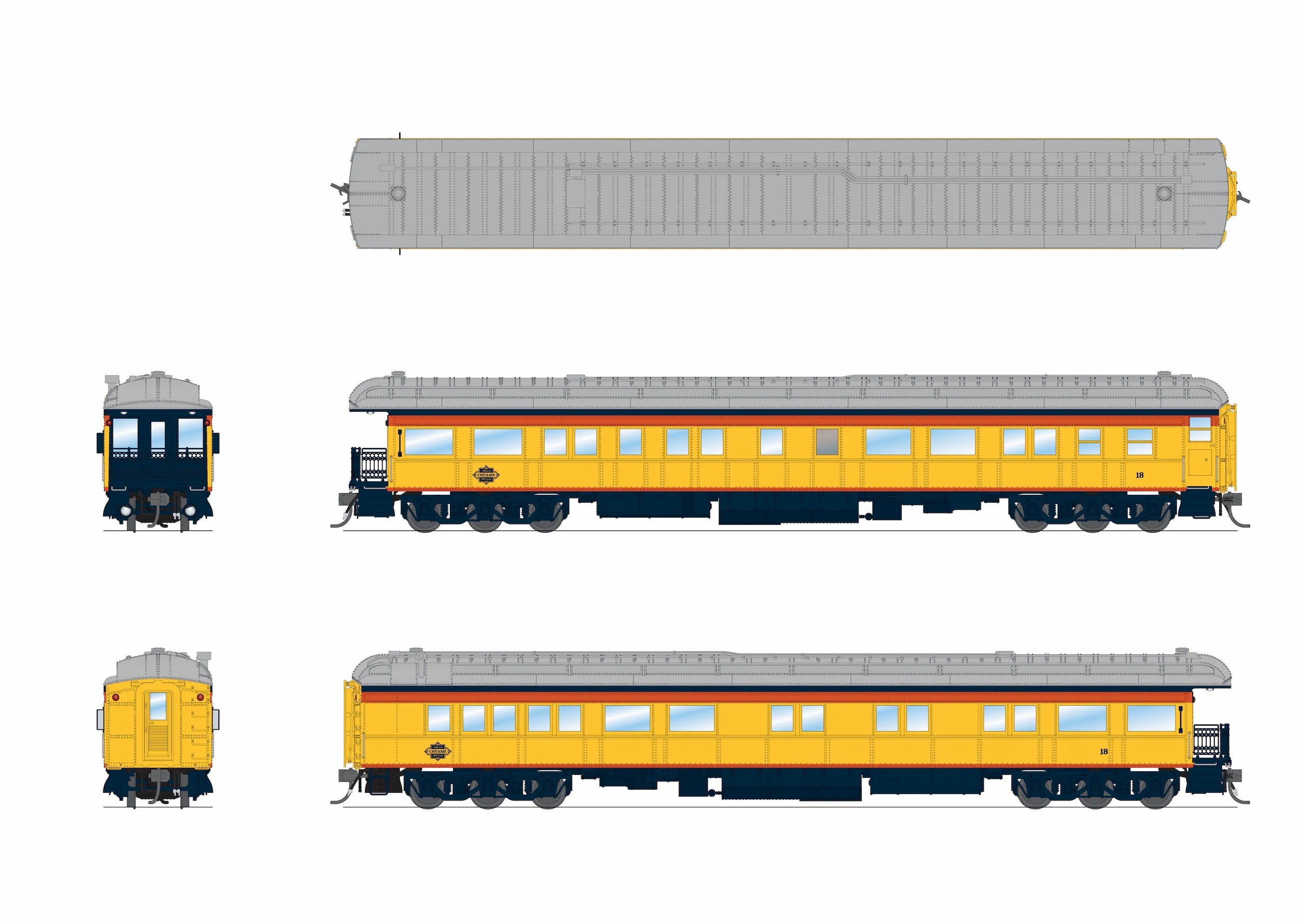 Broadway Limited 9722 Heavyweight Business Car Observation - Ready to Run -- Chessie Steam Special #18 (yellow, blue, vermillion, silver) HO Scale