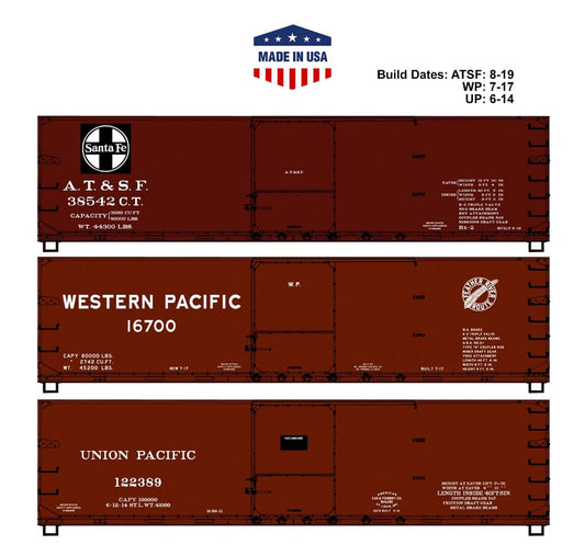 Accurail® 81783PK, HO Scale Kits, Double Sheath Wood Box Cars, 3-Pack, Western Roads, ATSF #38542, WP #16700, UP #122389