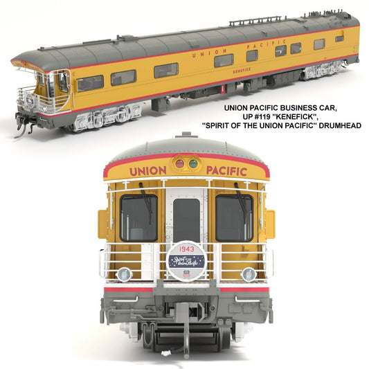 Broadway Limited Imports BLI-9015, HO Union Pacific Business Car, UP #119 "Kenefick", "Spirit of the HO Union Pacific" Drumhead