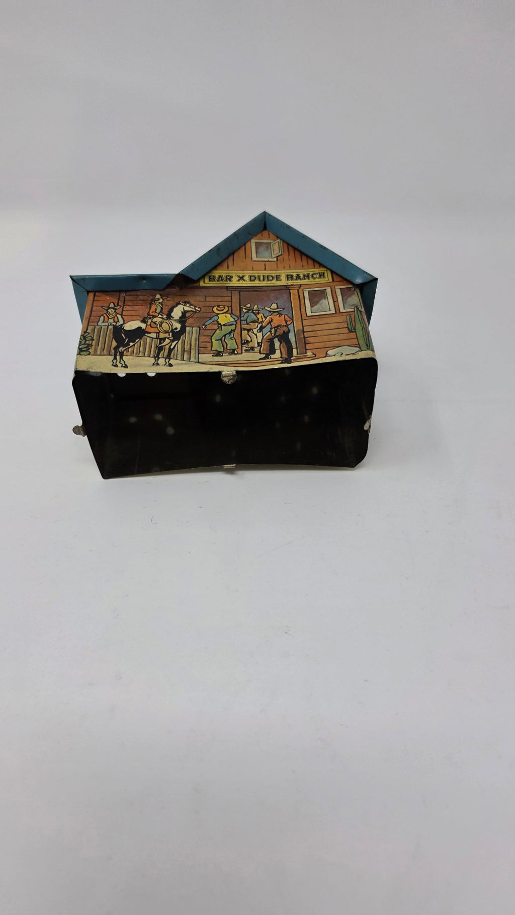 Vintage Tin Litho Bar X Dude Ranch Building Bank — Used