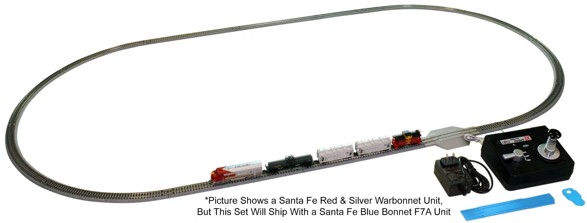 Kato 106-0051, N Scale EMD F7 Freight Starter Set, Includes Santa Fe ATSF Bluebonnet Locomotive, 3 Freight Cars, a Caboose, Unitrack Oval & Power Pack