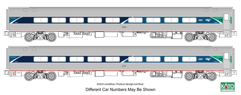 Kato 106-6295-1, N Scale Amtrak AMTK Amfleet II Coach 2 Car Set Phase VII w/Lighted Interiors