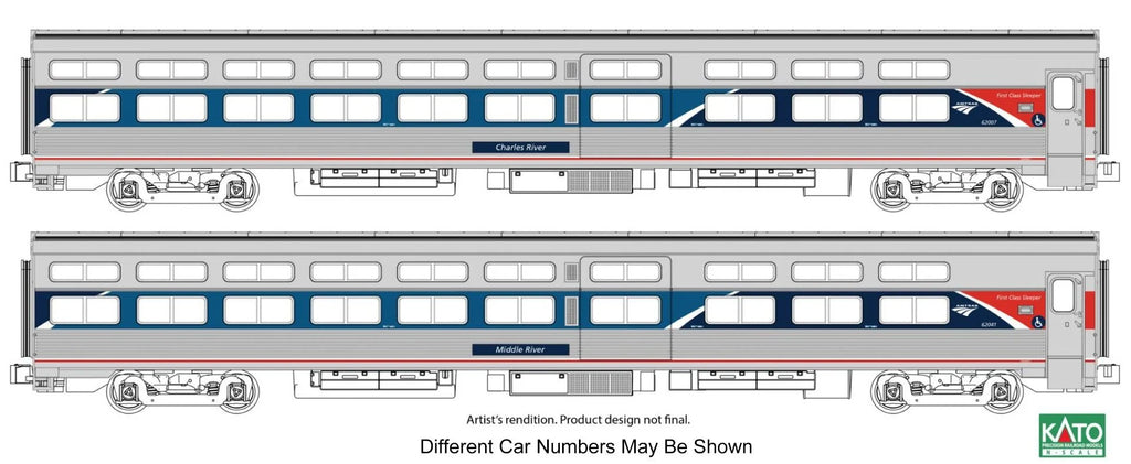 Kato 106-6296-1, N Scale Amtrak AMTK Viewliner I Sleeper 2 Car Set Phase VII w/Lighted Interiors