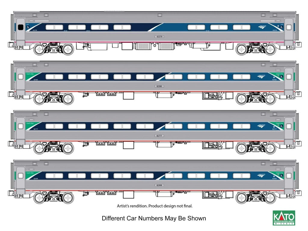 Kato 106-8021-1, N Scale Amtrak AMTK Amfleet I 4 Car Bookcase Set Phase VII w/Lighted Interiors