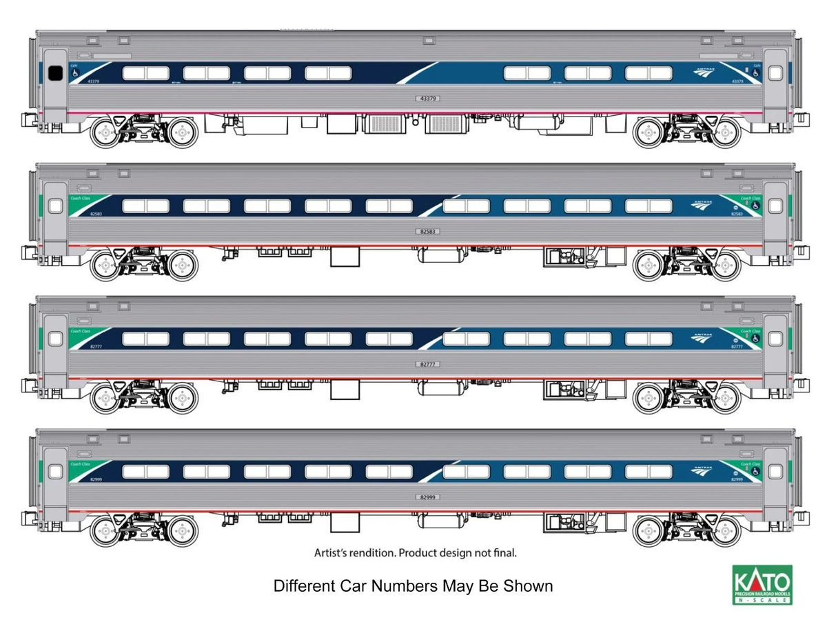 Kato 106-8021-1, N Scale Amtrak AMTK Amfleet I 4 Car Bookcase Set Phase VII w/Lighted Interiors