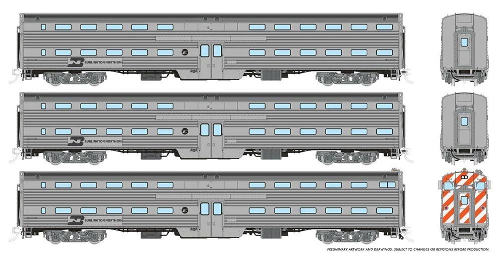 Rapido 145001, Budd Gallery Bi-Level Commuter Cab Coach & 2 Coach Set, BN Set #1, Cab #791 Coaches #728, 746
