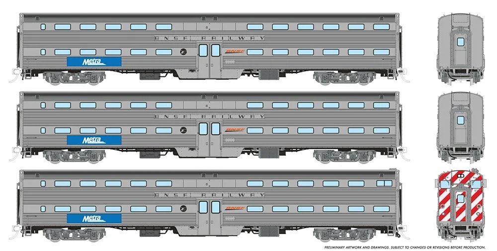 Rapido 145007, Budd Gallery Bi-Level Commuter Cab Coach & 2 Coach Set, Metra BNSF Set #1, Cab #811 Coaches #748, 765, BNSF Lettering
