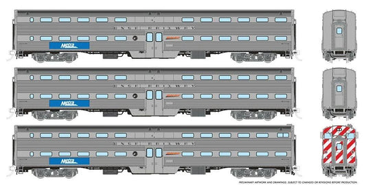 Rapido 145007, Budd Gallery Bi-Level Commuter Cab Coach & 2 Coach Set, Metra BNSF Set #1, Cab #811 Coaches #748, 765, BNSF Lettering