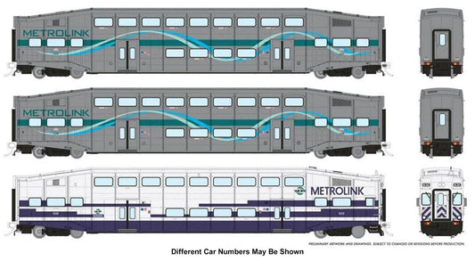 Rapido 146044, HO Scale BiLevel Commuter Cars, Metrolink-Ribbon, Set #1, Cab Car 632, Coaches 101 & 136