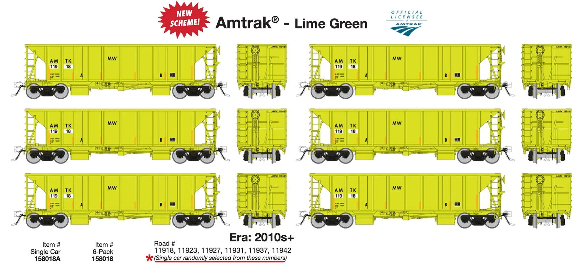 Rapido 158018, HO Scale NSC Ballast Car, Amtrak AMTK Lime Green, 6-Pack