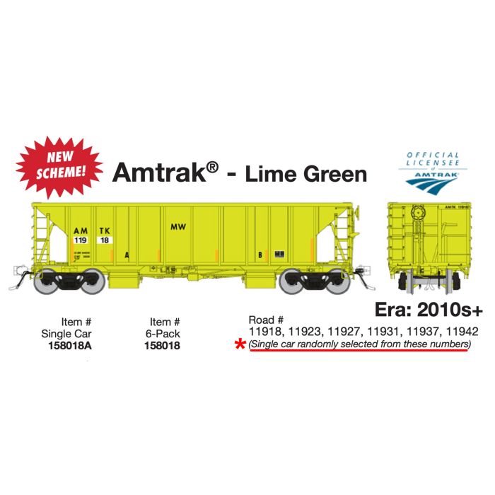 Rapido 158018A, HO Scale NSC Ballast Car, Amtrak AMTK Lime Green, Single Car #11942