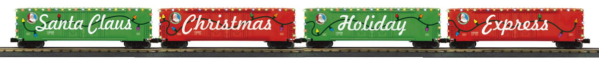 MTH 30-70170 O Christmas 4-Car 50' Double Door Boxcar Set with LED Lights